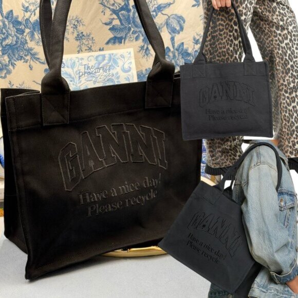 🆕 GANNI 🧿 NWOT Large Easy Shopper Tote Bag, Black Canvas & Black Embroidery - Picture 1 of 10
